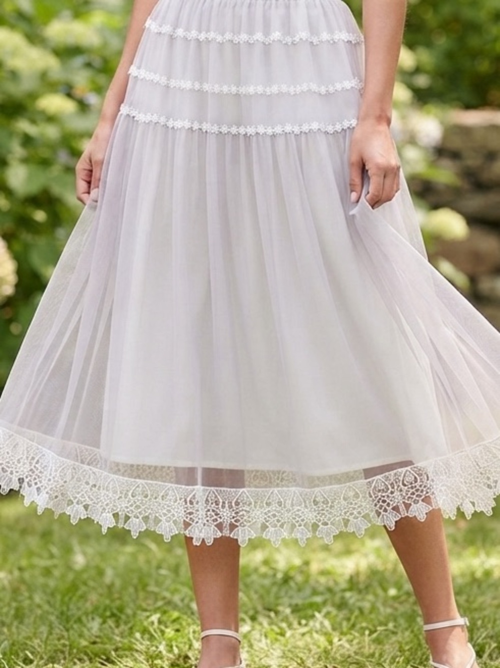 Vintage Lace-Trim Tulle Midi tea length  Skirt - Light Gray white beaded pull on